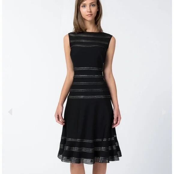 Tadashi Shoji $308 Black Silver Foil Print Banded Boat Neck Dress SZ LP - Picture 1 of 11